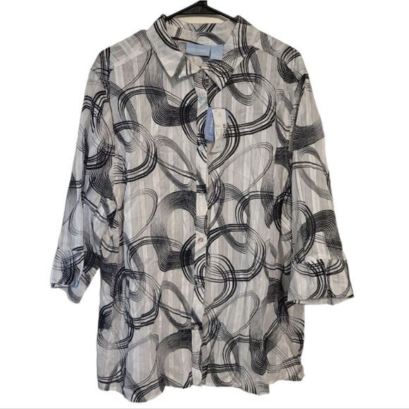 Liz & Me White & Black Swirly Circle Button Up Blouse, Plus Size 2X NEW w/tags - Picture 1 of 6